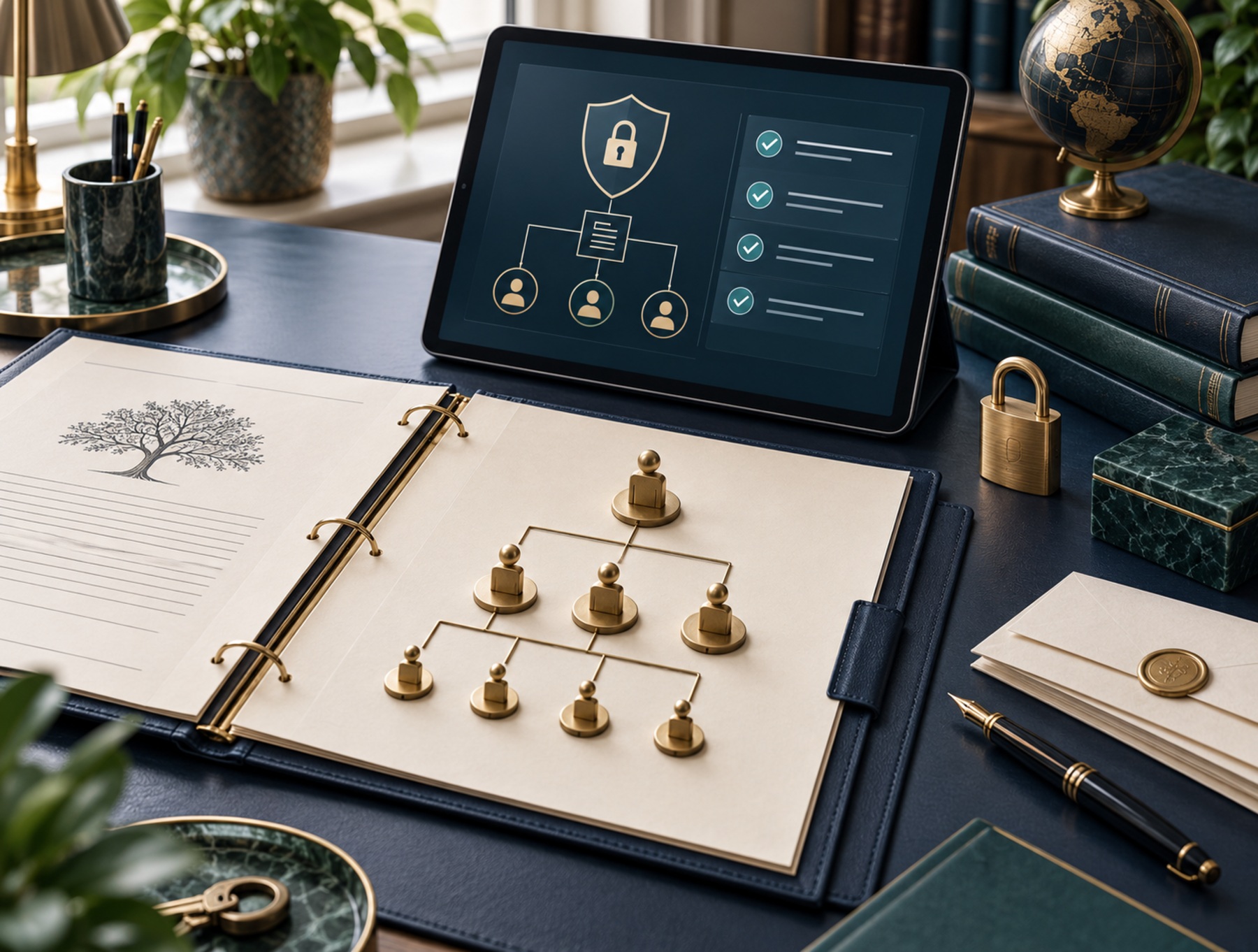 Trust documents and a secure digital register showing the relationship between trustees and beneficiaries.