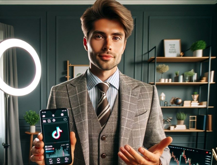 A high-quality photo of a TikTok financial influencer (finfluencer). The person is in their mid-20s
