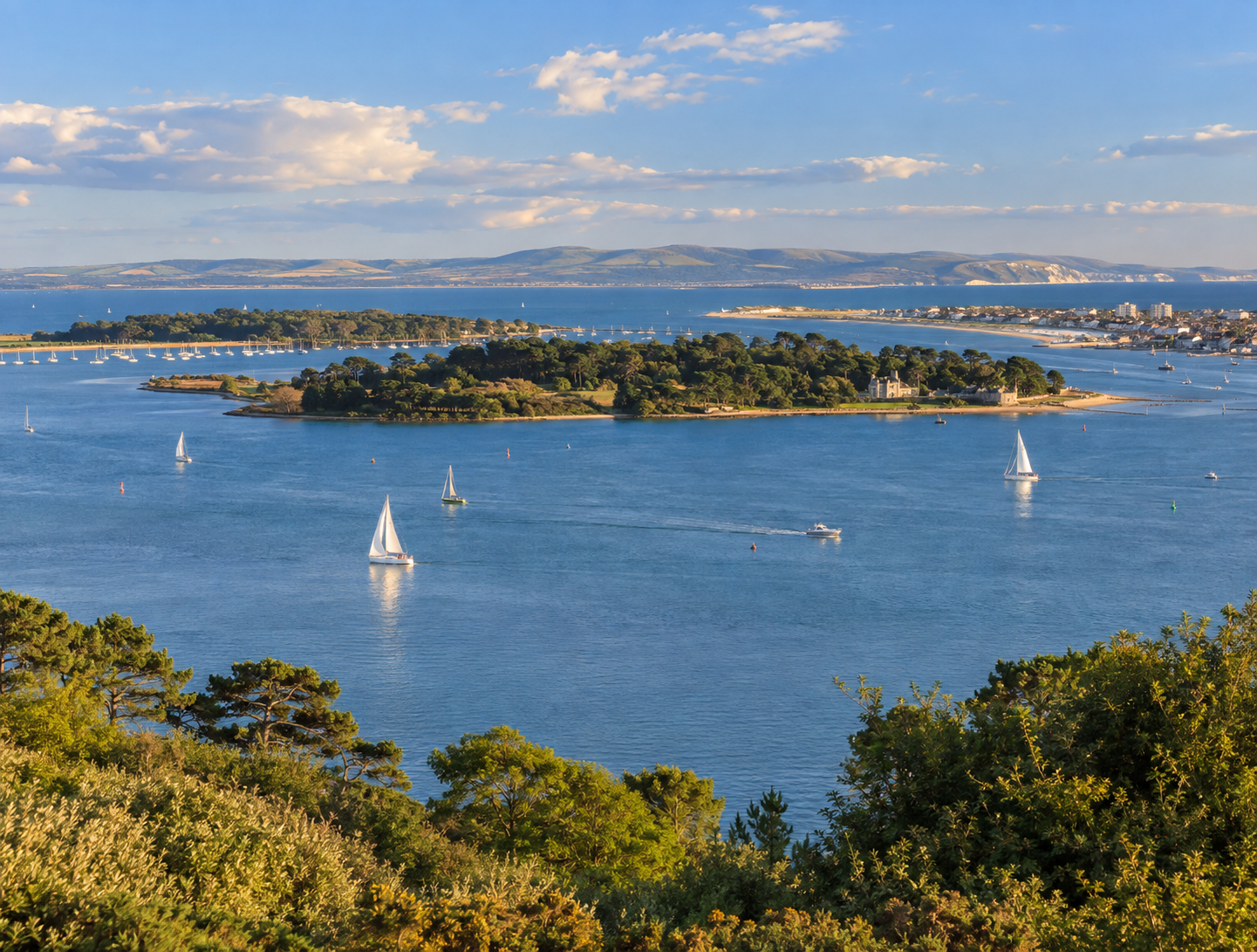 Panoramic view across Poole Harbour towards Brownsea Island and the Purbeck hills in warm afternoon sunlight.