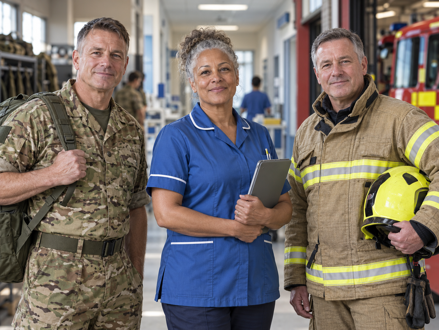 Experienced UK soldier, NHS nurse and firefighter representing people returning to work after taking a pension.