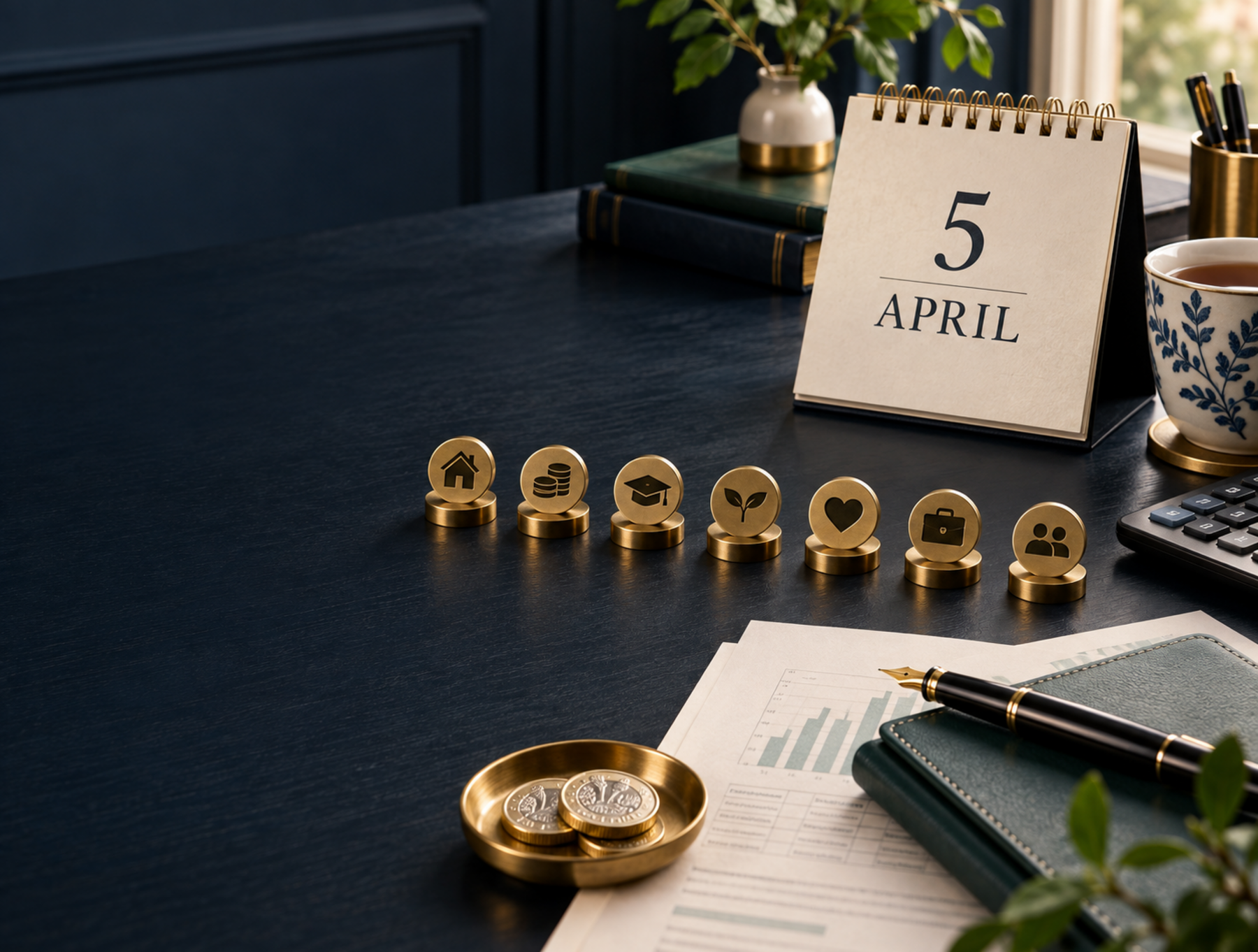 Seven gold allowance symbols beside a calendar showing 5 April on a financial planner’s desk.