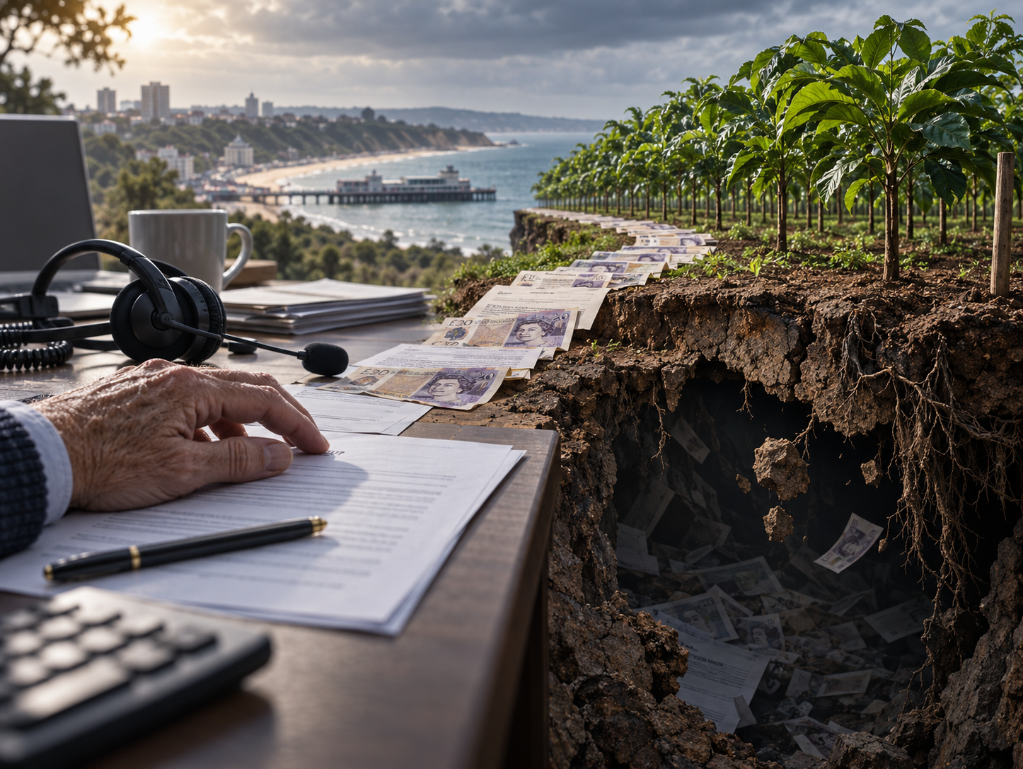 Pension paperwork and savings being directed from a call centre into a deceptive tree-planting investment, with Bournemouth Pier in the background