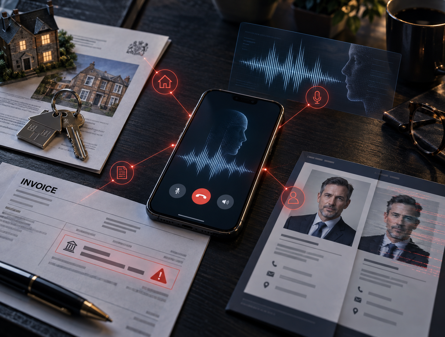 Property documents, a fake invoice, an AI voice-cloning call and a duplicated financial adviser profile illustrating modern fraud.