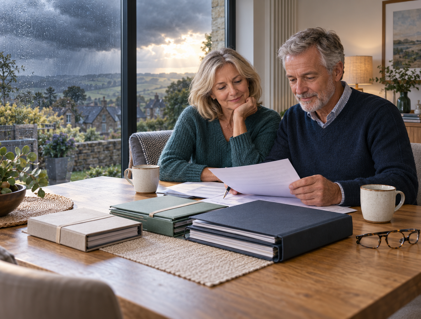 Retired couple reviewing their retirement income plan while stormy weather outside represents economic uncertainty