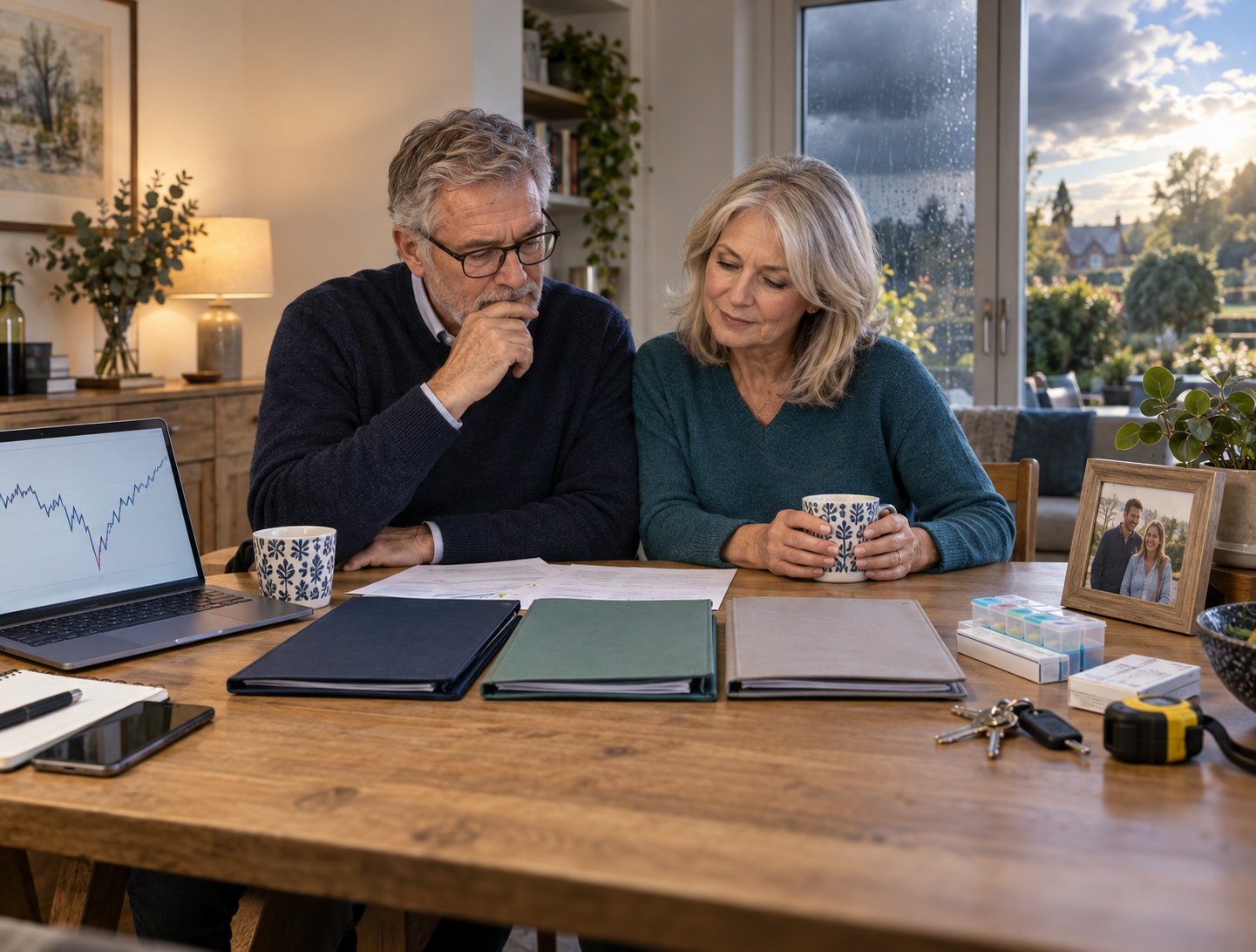 Retired couple reviewing their income plan alongside an investment chart, medication, house keys and family photograph