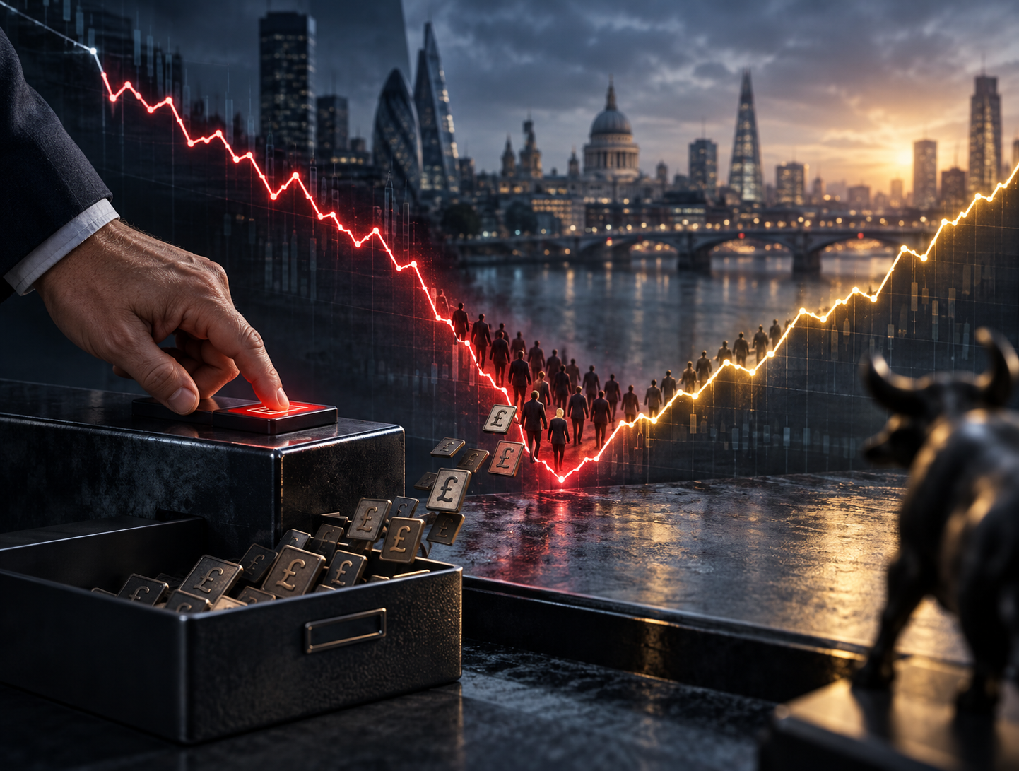 Investors withdrawing money as markets fall, shortly before a strong recovery, illustrating the risks of selling during periods of fear.