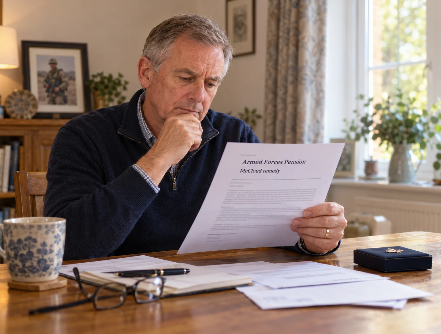 Armed Forces veteran reviewing a McCloud remedy pension tax letter at home.